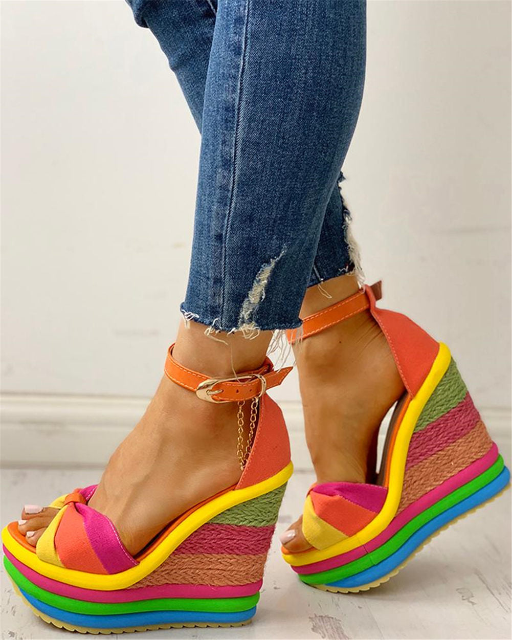 Orthopedic Rainbow Platform Wedge Sandals - Ankle-Strap Design