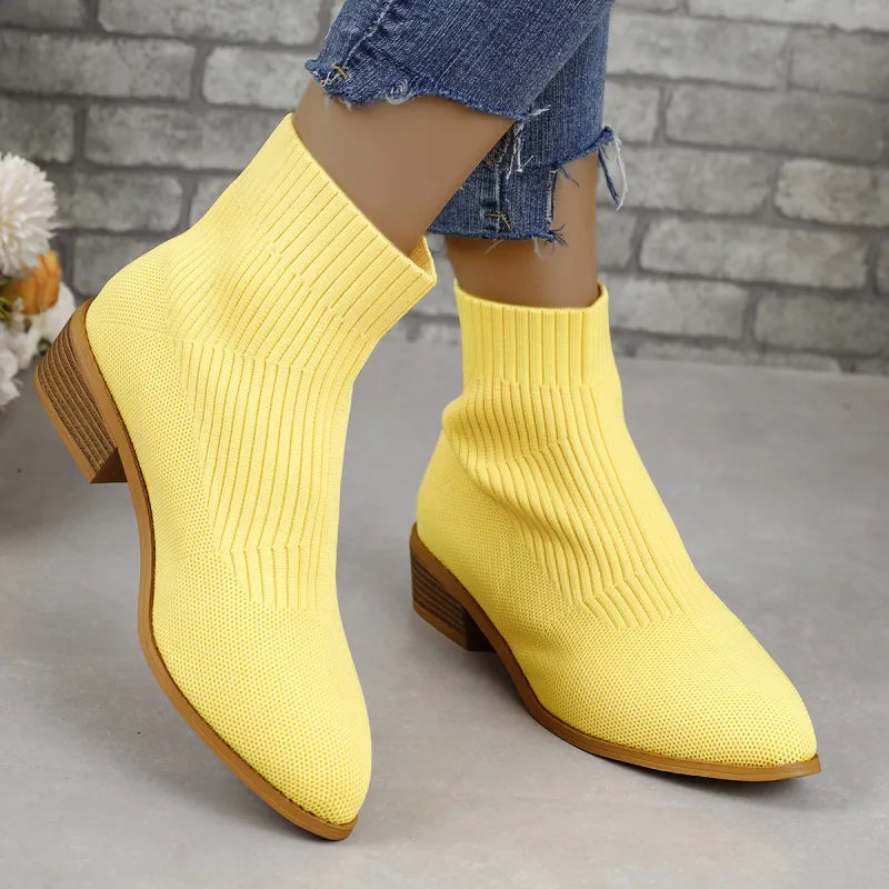 Violet | Women’s Pointed Toe Chunky Heel Knit Ankle Boots