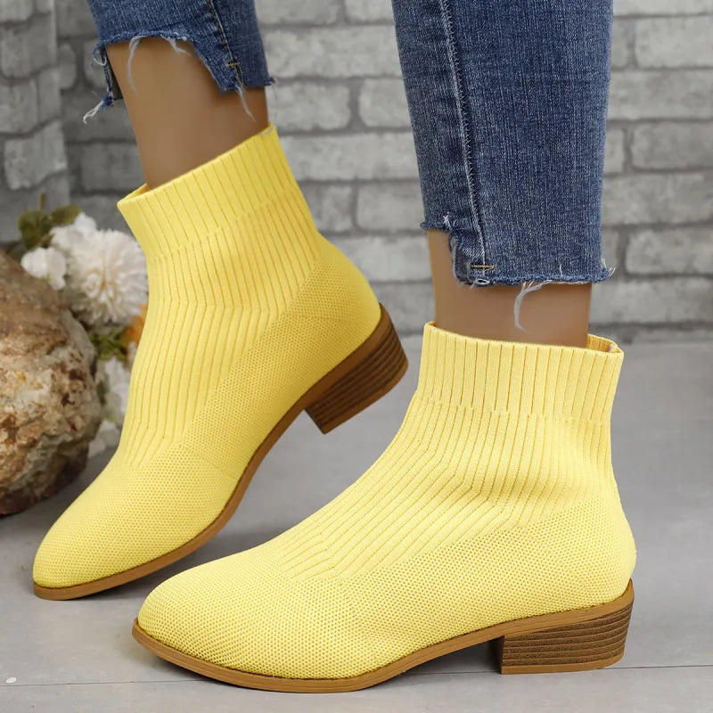 Violet | Women’s Pointed Toe Chunky Heel Knit Ankle Boots