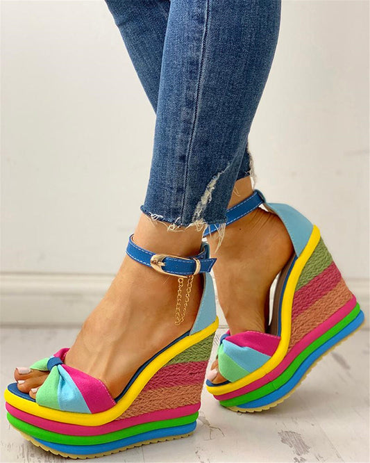 Orthopedic Rainbow Platform Wedge Sandals - Ankle-Strap Design