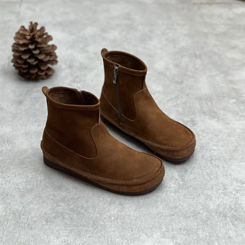 Julia | Women’s Vintage Leather Ankle Boots – Flat, Round Toe & Side Zipper