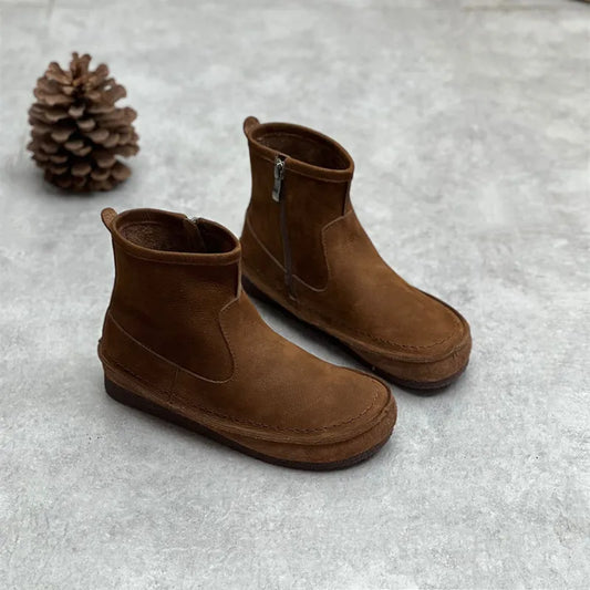 Julia | Women’s Vintage Leather Ankle Boots – Flat, Round Toe & Side Zipper