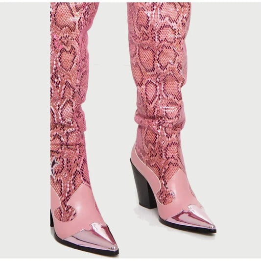 Amira | Women’s Snake-Print Pointed Toe High-Heel Boots – Thick Heel & Fashionable