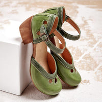 Orthopedic Leather Closed-Toe Wedge Sandals - Ankle Strap Design