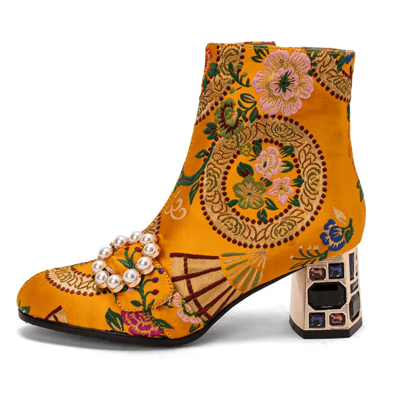 Zara | Women’s Ethnic Embroidered Chunky Heel Ankle Boots