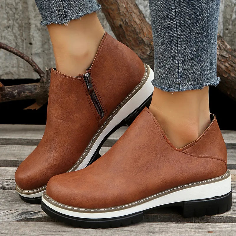 Eira | Women Ankle Boots Round Toe Low Heel Zipper Shoes