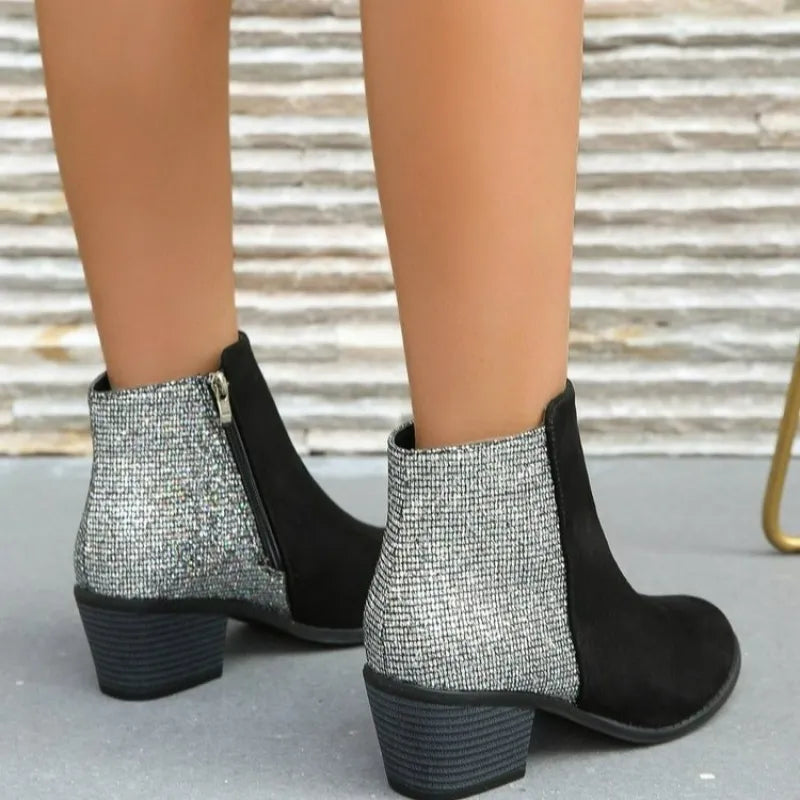 Bianca | Color-blocking Sequin Chunky Heel Plus Size Side Zip Short Boots Women