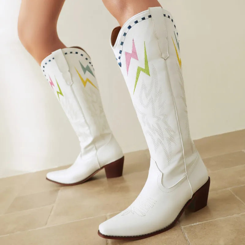 Blair | Women’s Lightning Embroidered Knee-High Boots – Fashionable & Eye-Catching