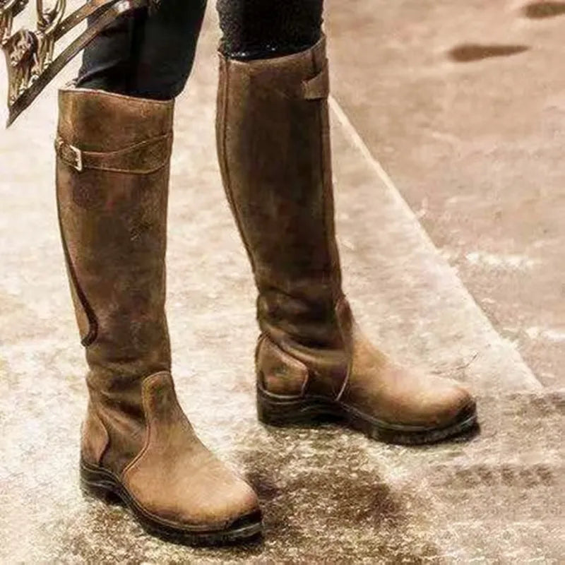 Women’s Knee-High Boots – Slim Fit – Water-Resistant Suede Look – Strap Buckle Detail