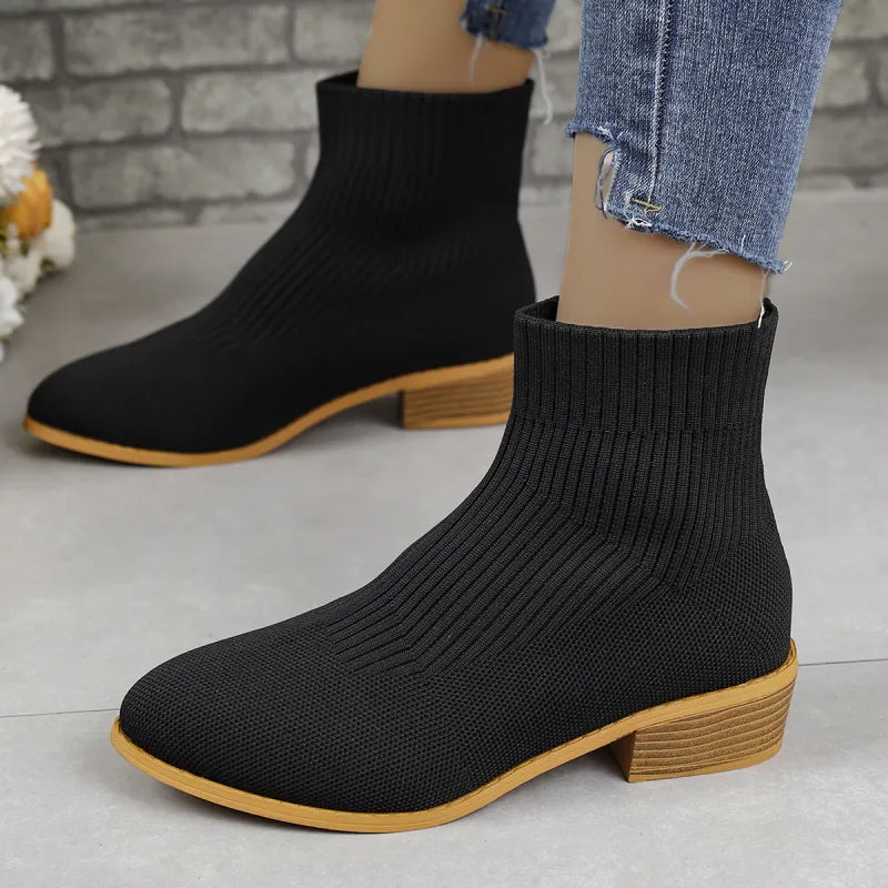 Violet | Women’s Pointed Toe Chunky Heel Knit Ankle Boots