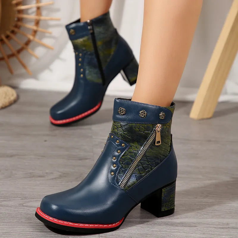 Ines | Women’s Chunky Heel Square Toe Ankle Boots – Rivet & Double Zipper Retro Style