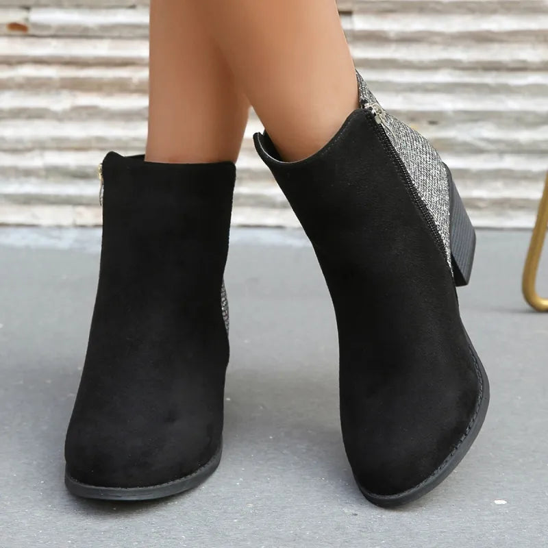 Bianca | Color-blocking Sequin Chunky Heel Plus Size Side Zip Short Boots Women