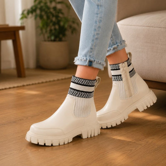 Jessie | Orthopedic Zip-Up Knit Patchwork Mid-Calf Boots