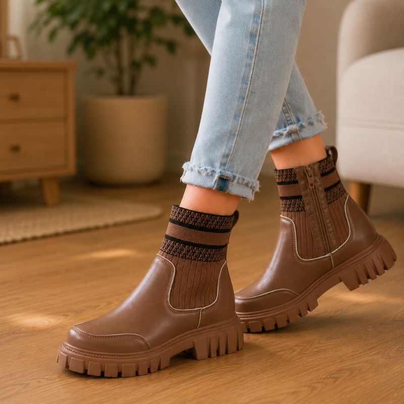 Jessie | Orthopedic Zip-Up Knit Patchwork Mid-Calf Boots