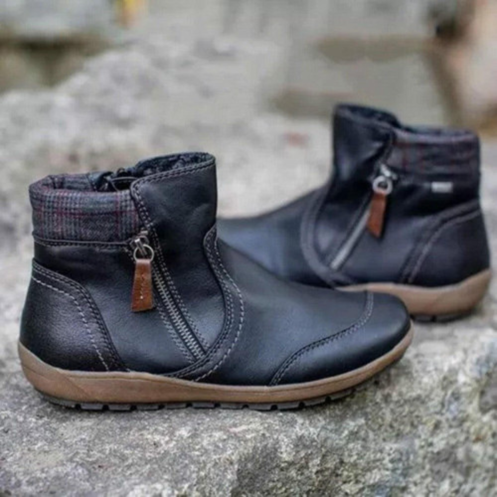 Ally | Women's Genuine Leather Ankle Boots with Plaid Cuff & Side Zipper