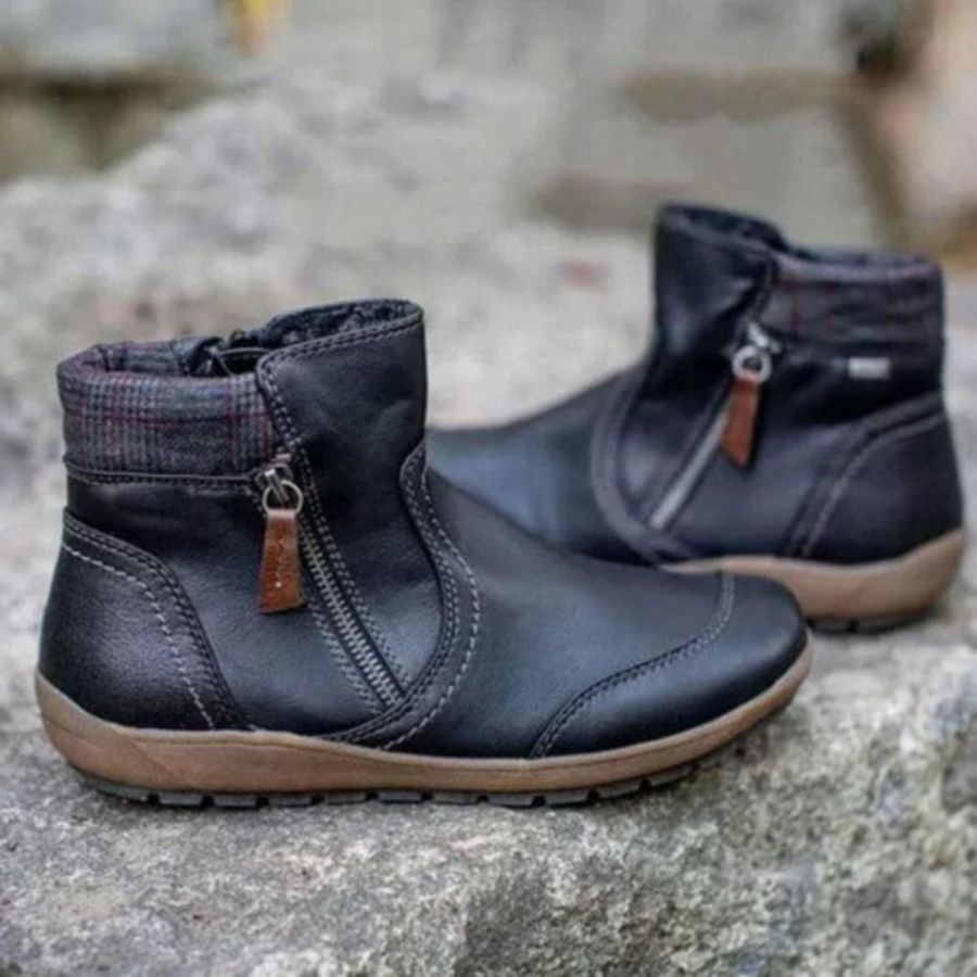 Ally | Women's Genuine Leather Ankle Boots with Plaid Cuff & Side Zipper