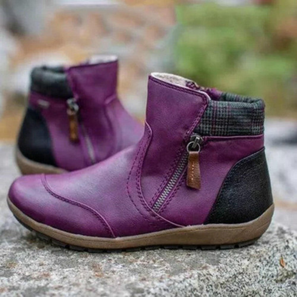 Ally | Women's Genuine Leather Ankle Boots with Plaid Cuff & Side Zipper