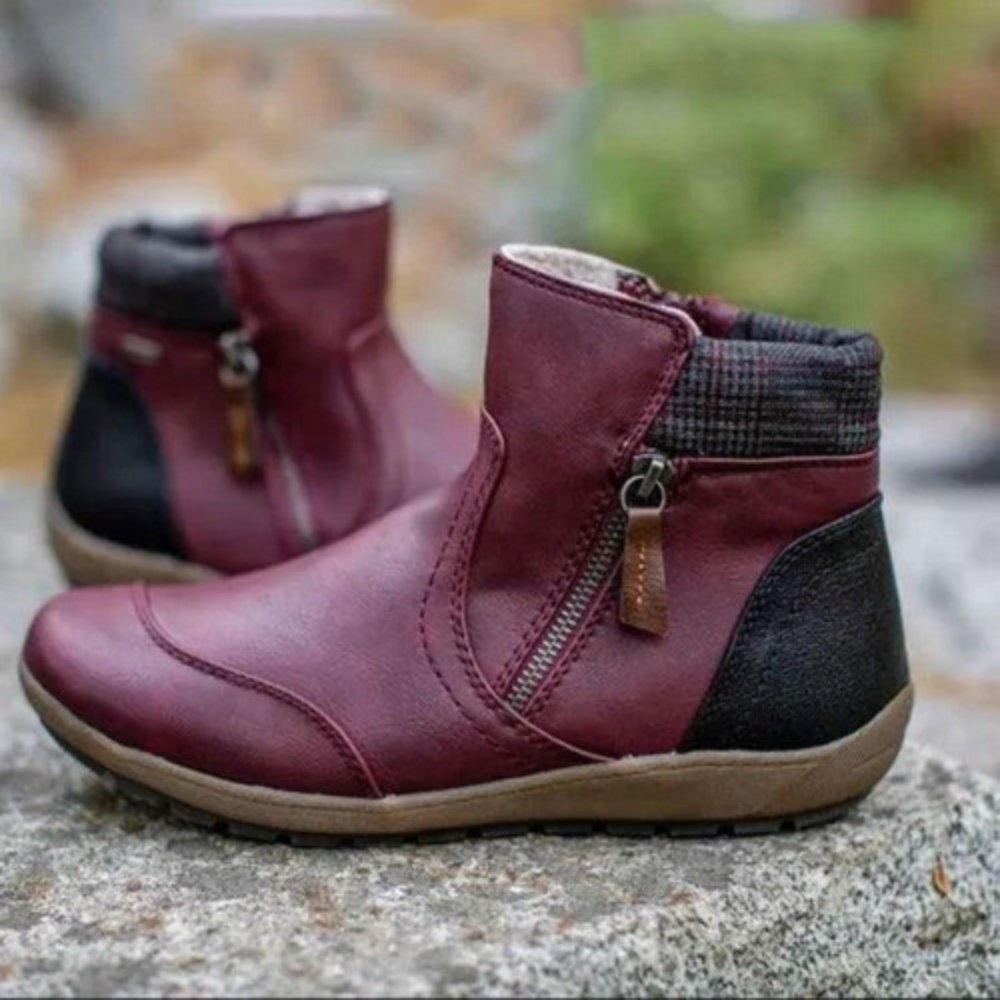 Ally | Women's Genuine Leather Ankle Boots with Plaid Cuff & Side Zipper