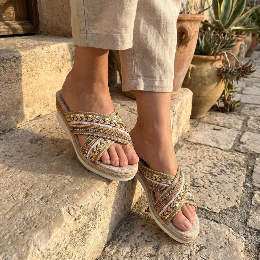 Dahlia | Linen Platform Wedge Sandals