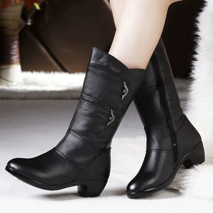 Women’s Mid-Calf Boots – Fitted Silhouette – Leather-Like Texture – Side Zip – Low Heel