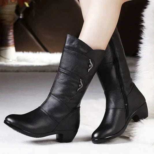 Women’s Mid-Calf Boots – Fitted Silhouette – Leather-Like Texture – Side Zip – Low Heel