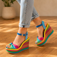 Orthopedic Rainbow Platform Wedge Sandals - Ankle-Strap Design
