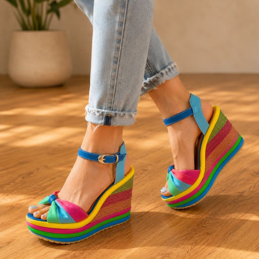 Orthopedic Rainbow Platform Wedge Sandals - Ankle-Strap Design