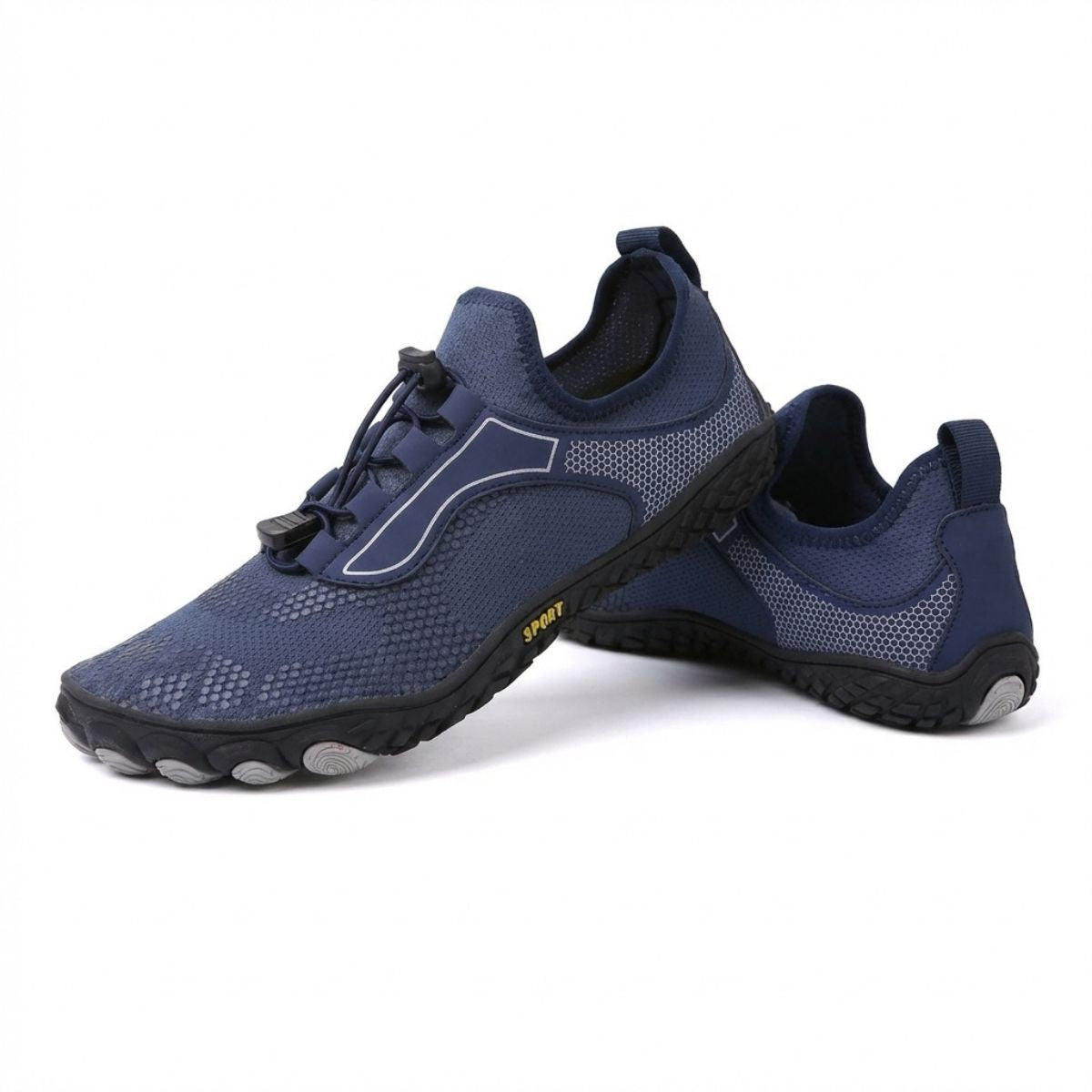 Pair of blue athletic shoes on a white background