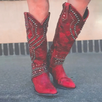 Women’s Knee-High Leather Boots – Thick Heel – Rivet Studded – Zipper Closure