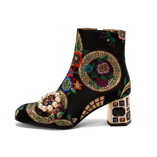 Zara | Women’s Ethnic Embroidered Chunky Heel Ankle Boots