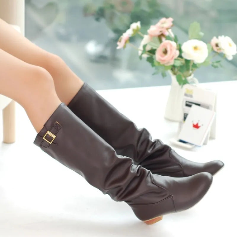 Nicole | Women’s Belt Buckle Mid-Calf Knight Boots