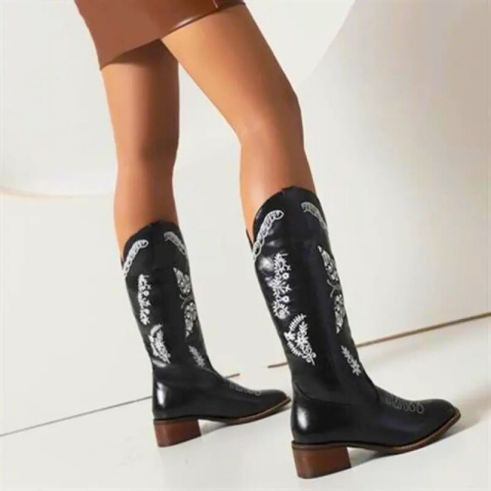 Reese | Women’s Fashionable Embroidered Mid-Heel Boots with Square Toe Design