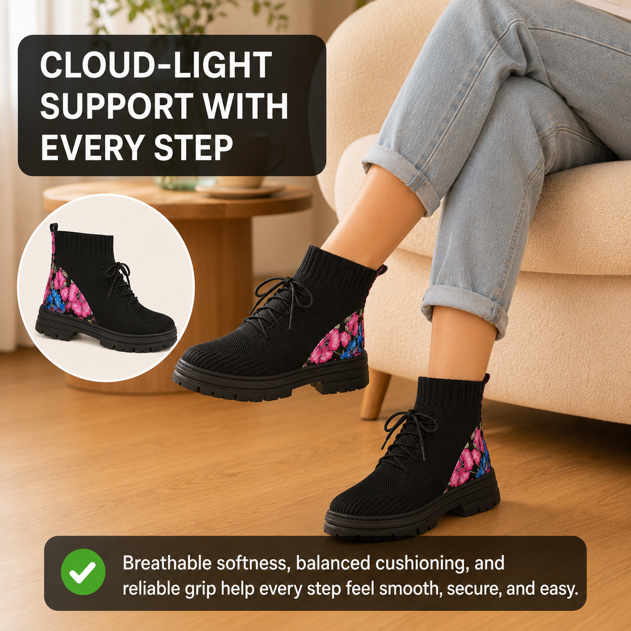 Seraphina | Orthopedic Women’s Floral Knit Slip-On Sock Boots
