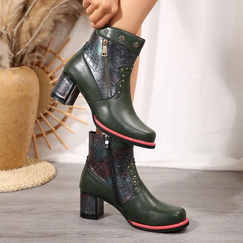 Ines | Women’s Chunky Heel Square Toe Ankle Boots – Rivet & Double Zipper Retro Style