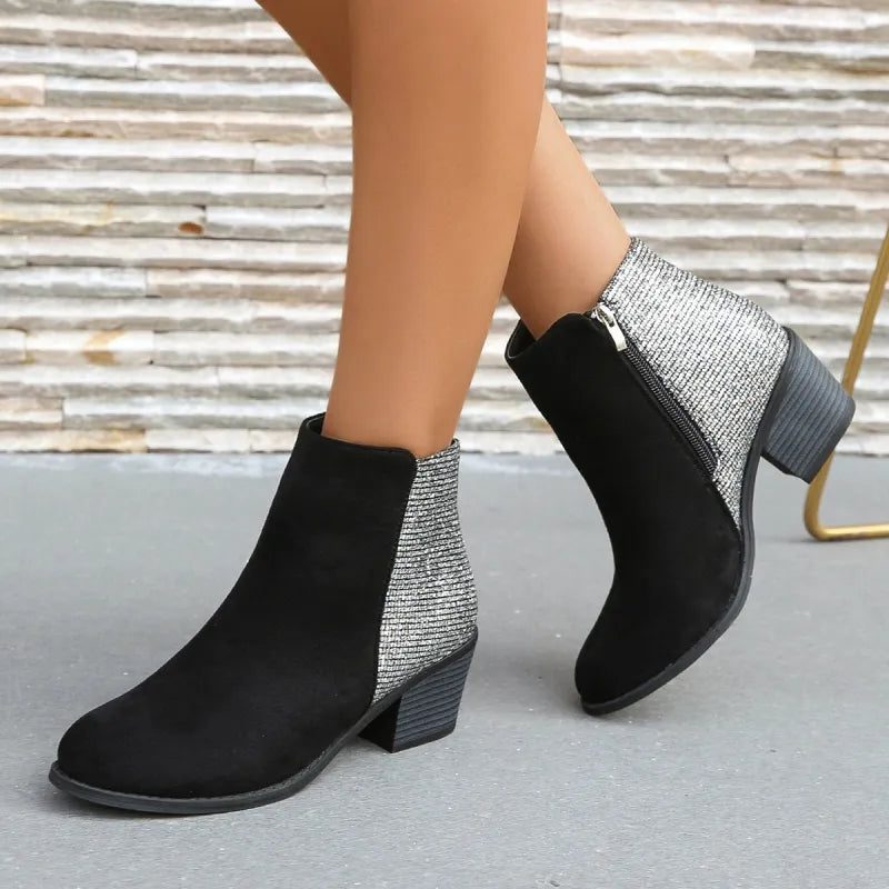 Bianca | Color-blocking Sequin Chunky Heel Plus Size Side Zip Short Boots Women