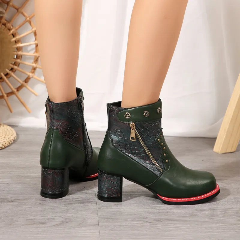Ines | Women’s Chunky Heel Square Toe Ankle Boots – Rivet & Double Zipper Retro Style