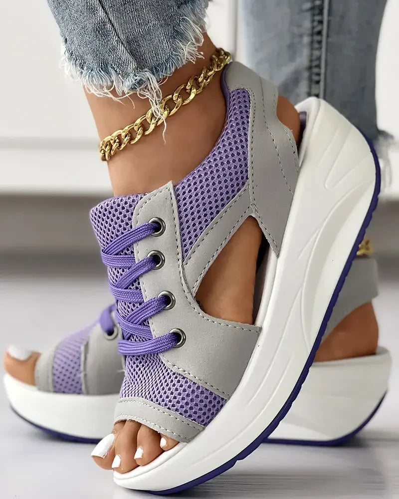 Orthopedic Sport Wedge Sandals - Colorblock Lace-Up Design