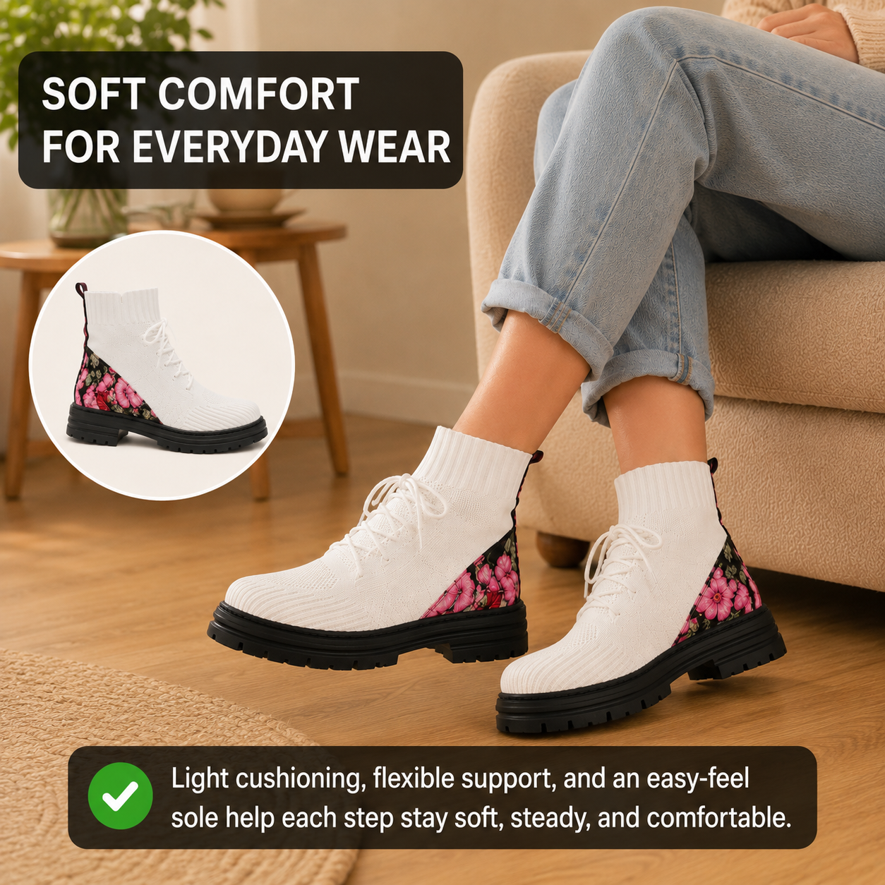 Seraphina | Orthopedic Women’s Floral Knit Slip-On Sock Boots