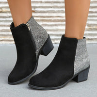 Bianca | Color-blocking Sequin Chunky Heel Plus Size Side Zip Short Boots Women