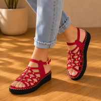 Orthopedic Leather Platform Sandals - Studded Cutout Design