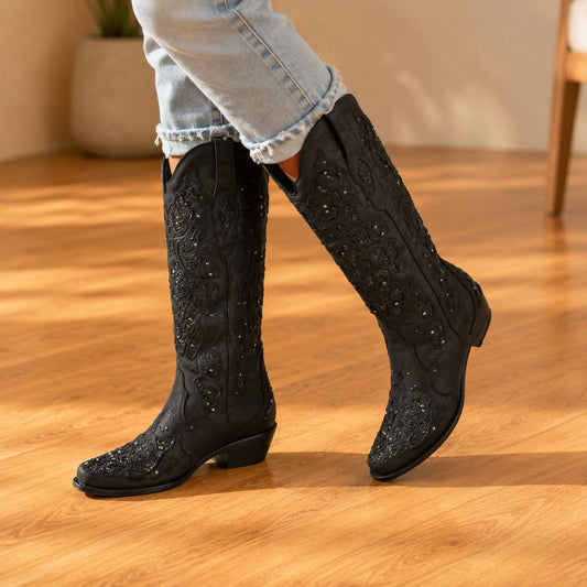 Stella | Glamorous Women’s Rhinestone Floral High Boots