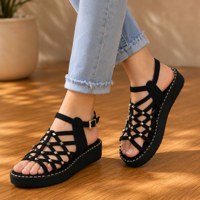 Orthopedic Leather Platform Sandals - Studded Cutout Design