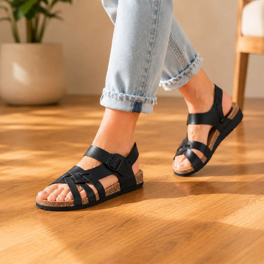 Orthopedic Flat Leather Sandals - Adjustable Slingback Design