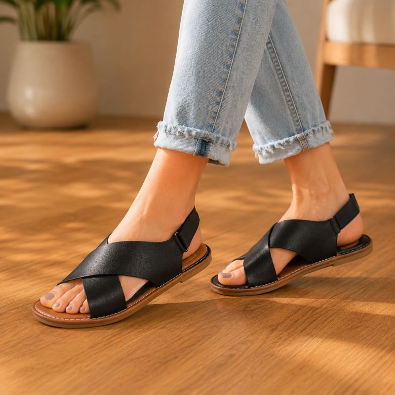 Orthopedic Leather Flat Sandals - Crisscross Slingback Design