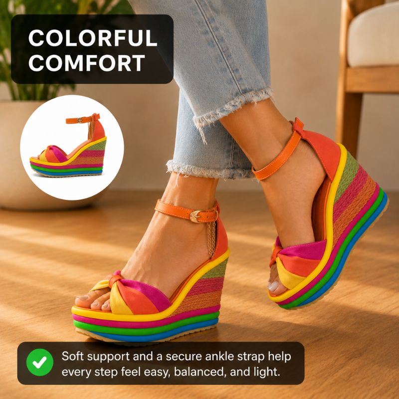 Orthopedic Rainbow Platform Wedge Sandals - Ankle-Strap Design