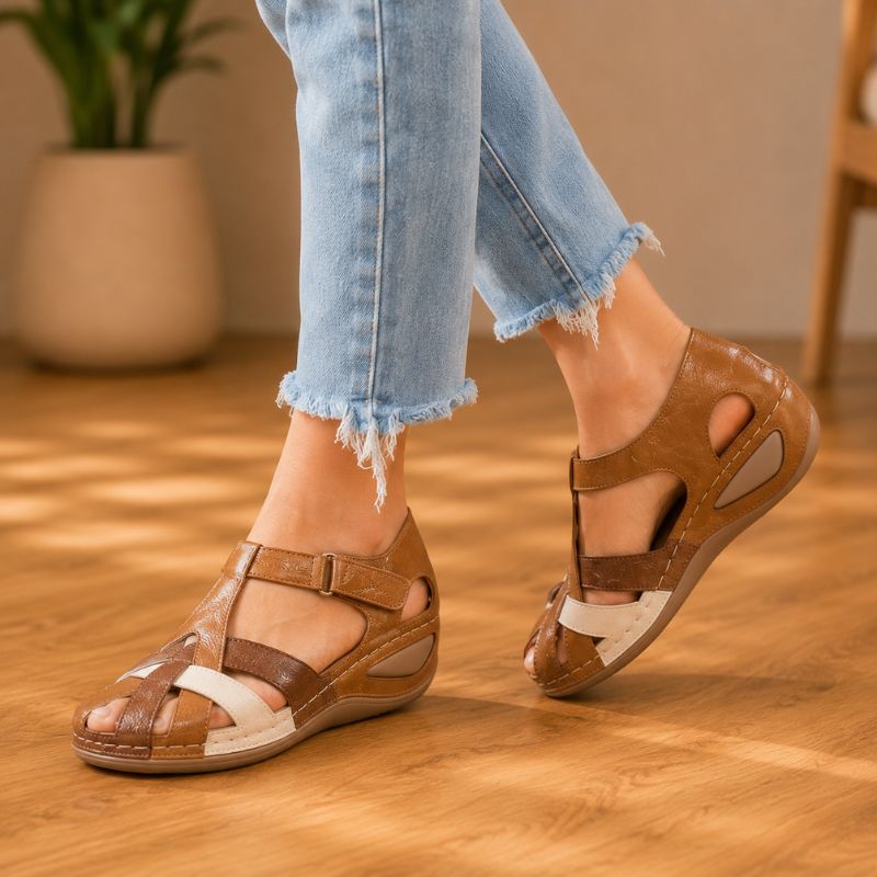 Orthopedic Leather Wedge Sandals - Colorblock Cutout Design