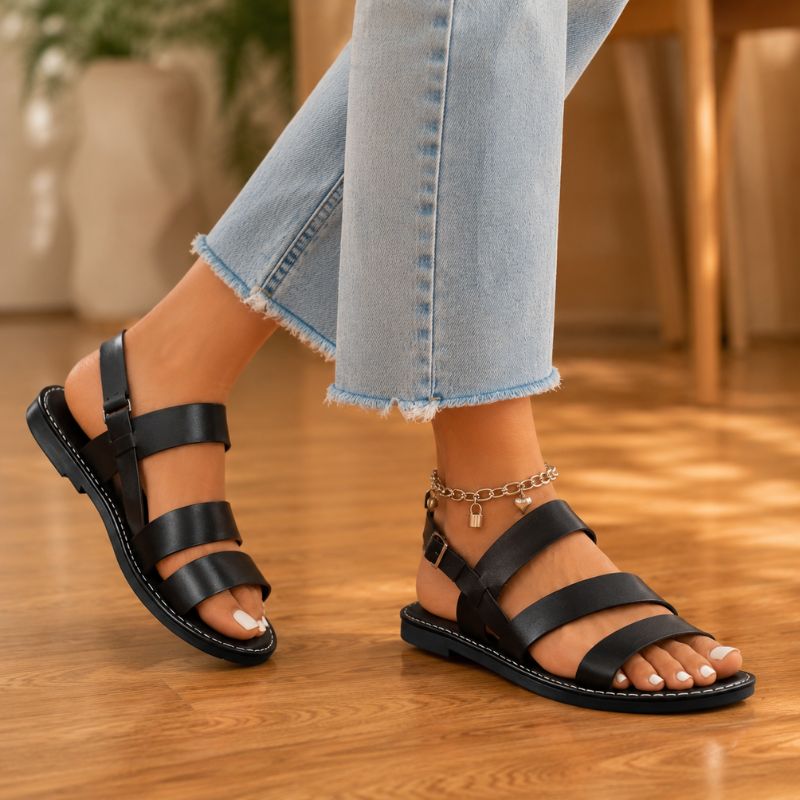 Orthopedic Leather Flat Sandals - Triple-Strap Buckle Design