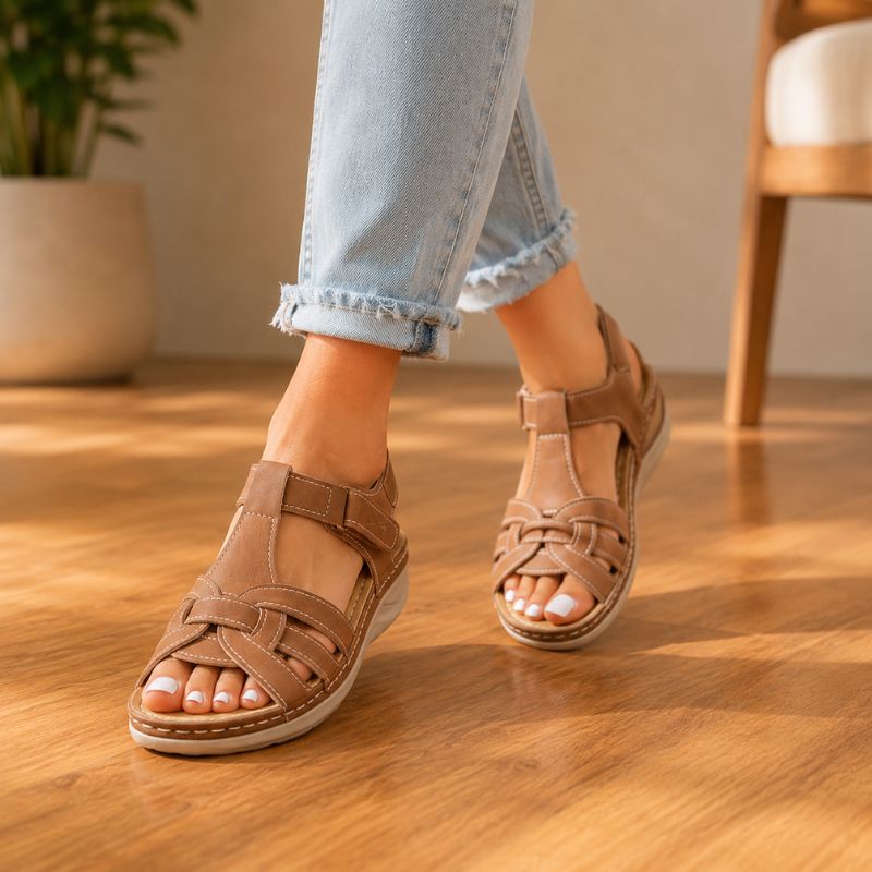 Orthopedic Leather Wedge Sandals - Braided Cutout Design