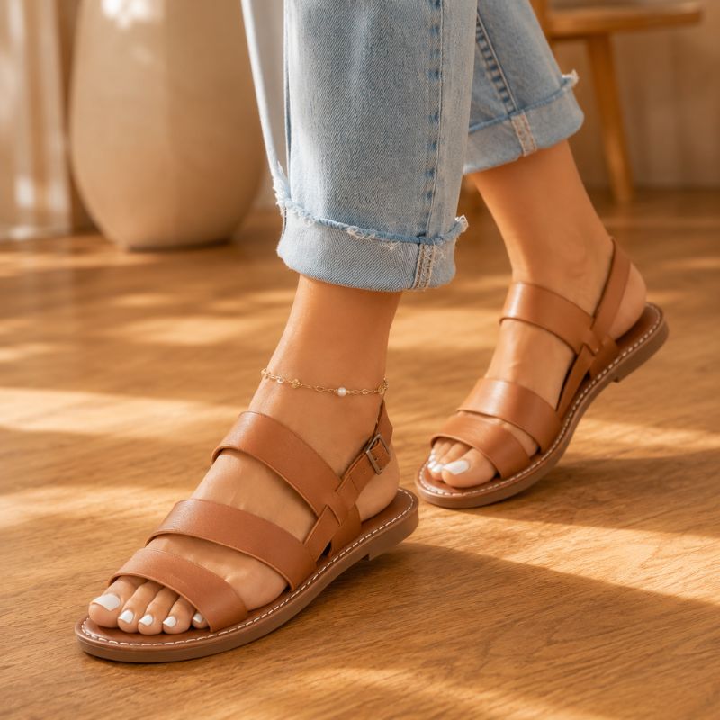 Orthopedic Leather Flat Sandals - Triple-Strap Buckle Design