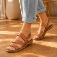 Orthopedic Leather Flat Sandals - Triple-Strap Buckle Design